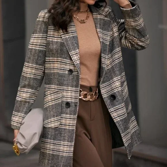 Classic Plaid Print double breasted Pea Overcoat jacket fall/winter - Picture 1 of 10